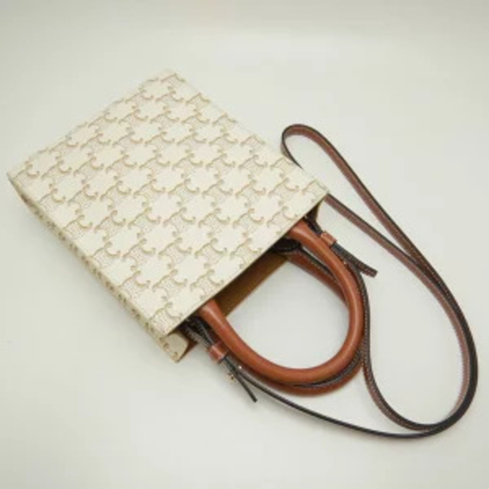 Celine Vertical Cabas Handbag Triomphe Calfskin Ivory White Brown - Picture 3 of 9